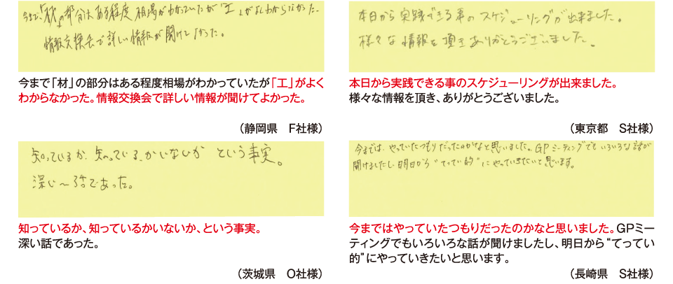 今まで「材」の部分はある程度相場がわかっていたが「工」がよくわからなかった。情報交換会で詳しい情報が聞けてよかった。（静岡県　Ｆ社様）本日から実践できる事のスケジューリングが出来ました。様々な情報を頂き、ありがとうございました。（東京都　Ｓ社様）知っているか、知っているかいないか、という事実。深い話であった。（茨城県　Ｏ社様）今まではやっていたつもりだったのかなと思いました。ＧＰミーティングでもいろいろな話が聞けましたし、明日から“てってい的”にやっていきたいと思います。（長崎県　Ｓ社様）