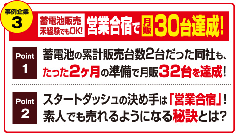 事例企業3 蓄電池販売未経験でもOK！営業合宿で月販30台達成!